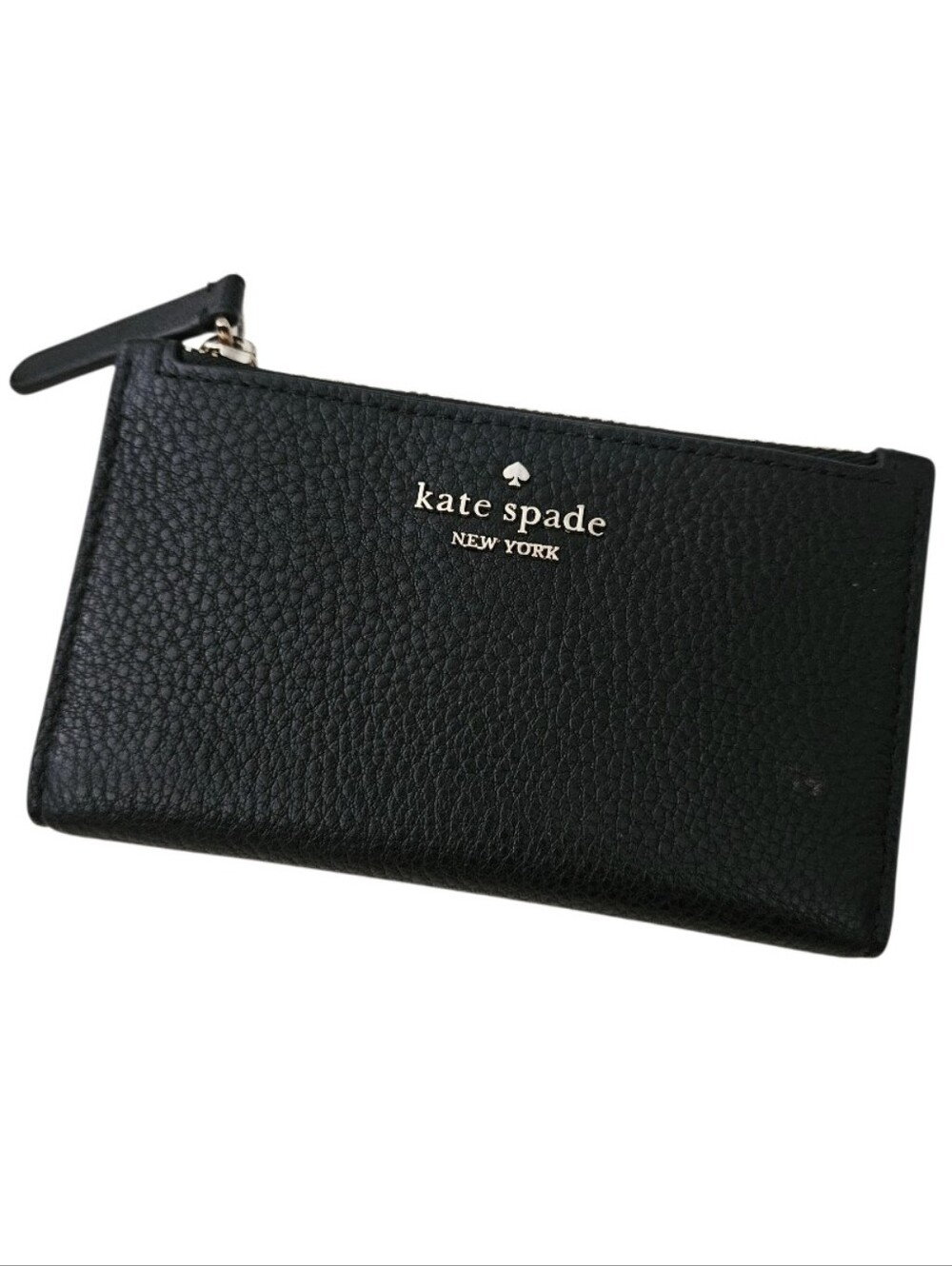 NEW! KATE SPADE Black Pebbled Leather Zip Wallet Card Holder with Gold Logo.